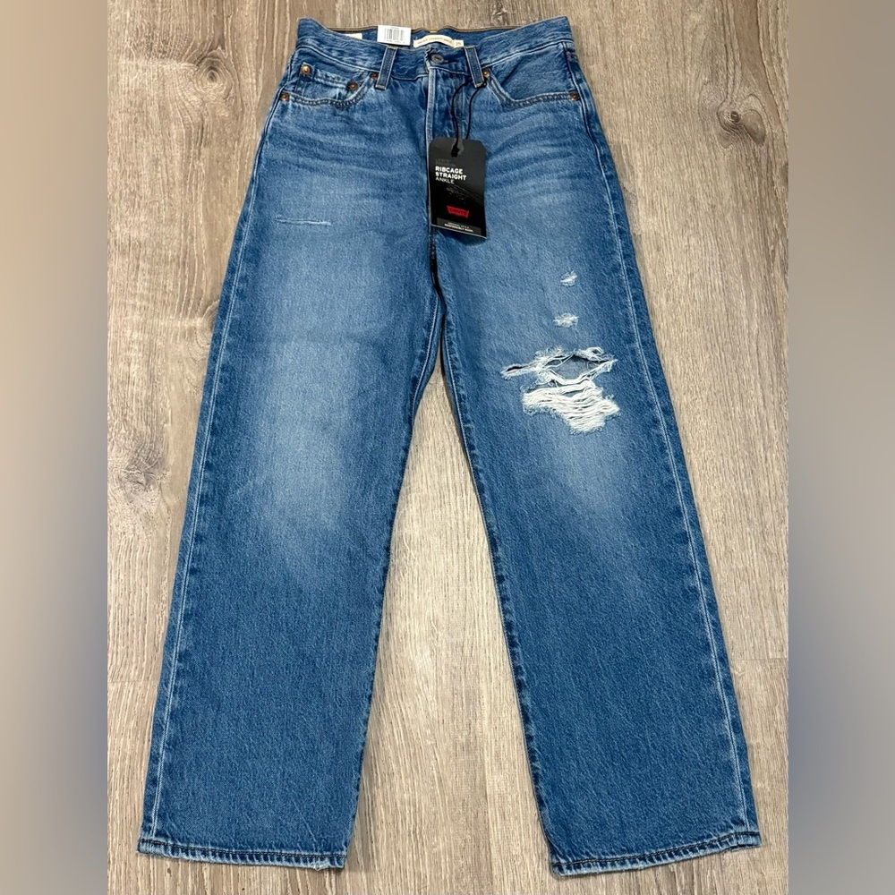 Levi’s Ribcage Straight Ankle Jeans Ultra High Rise Distressed Denim Medium Wash - Picture 2 of 11